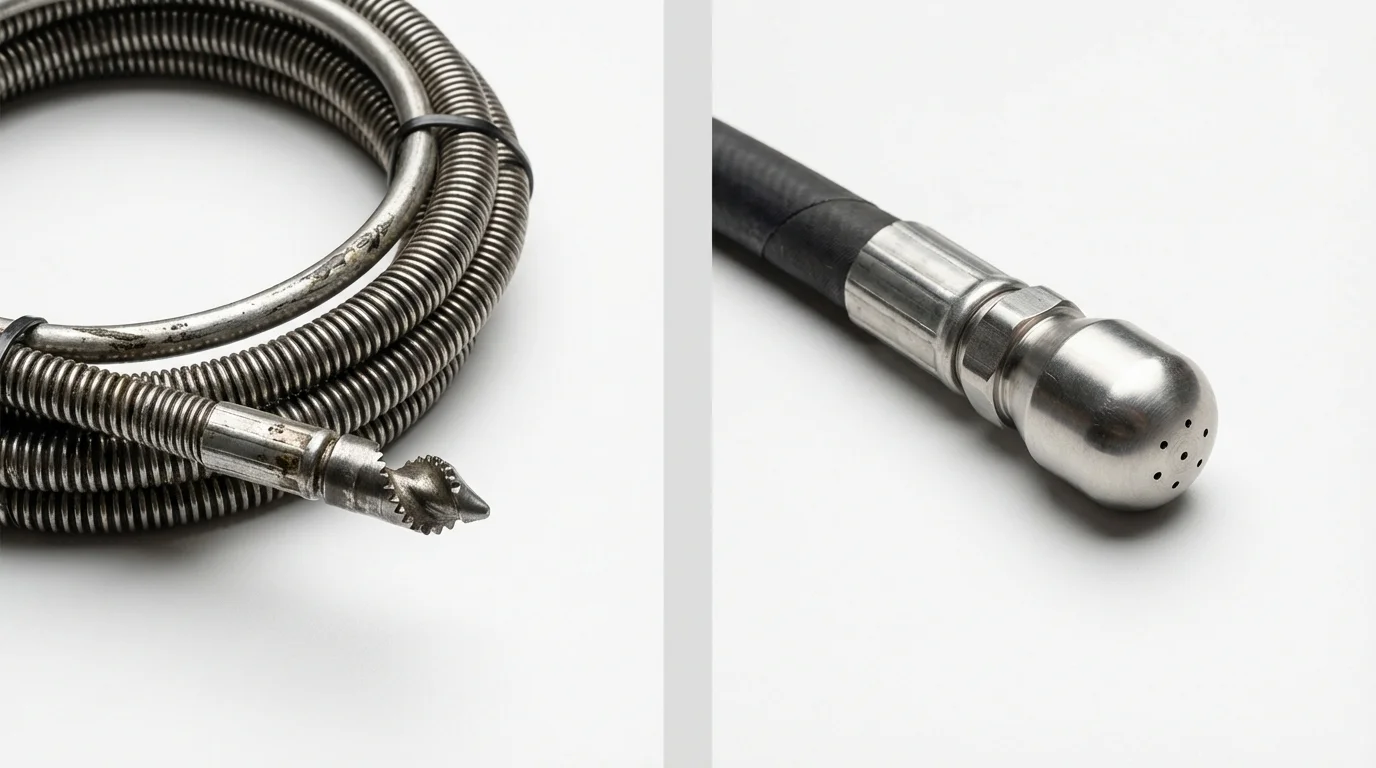 Drain snake cable and hydro jetting nozzle used for drain cleaning in Addison, TX