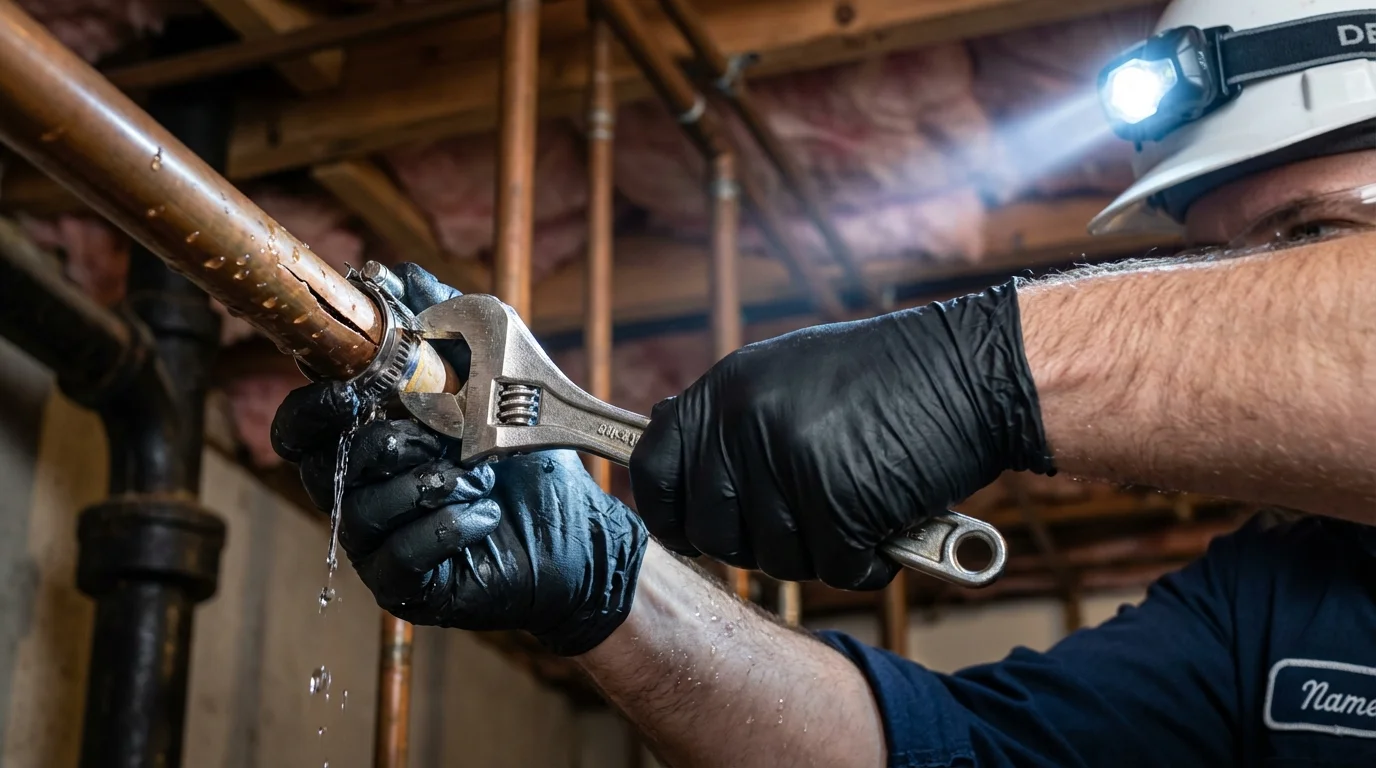 Emergency pipe clamp repair being performed by a Johns Plumbing LLC plumber in Addison
