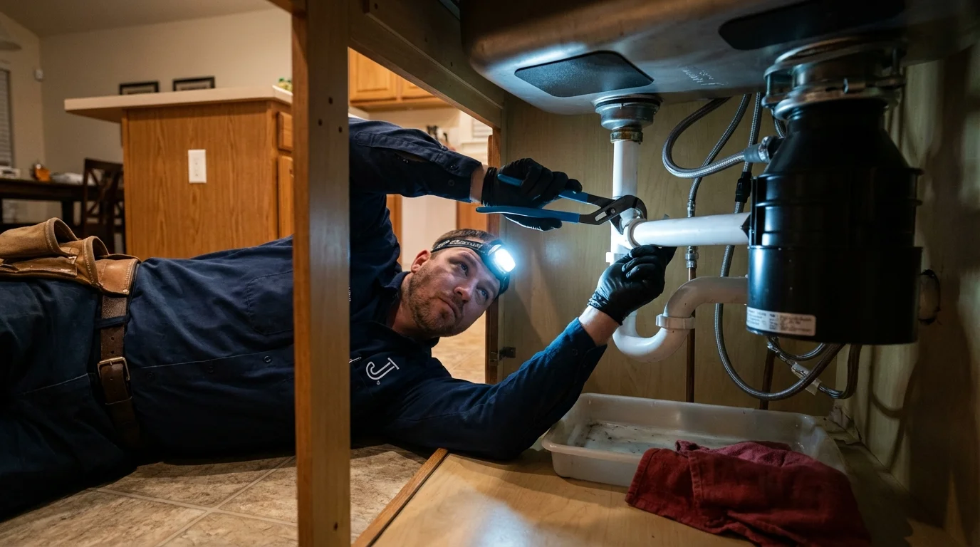 P-trap and supply line connections under a kitchen sink showing a common leak point in Addison, TX